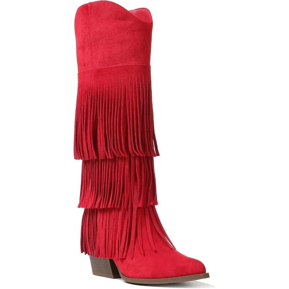 Women's Red Retro Pointed Toe Pull On Block Chunky Heel Fringe Country